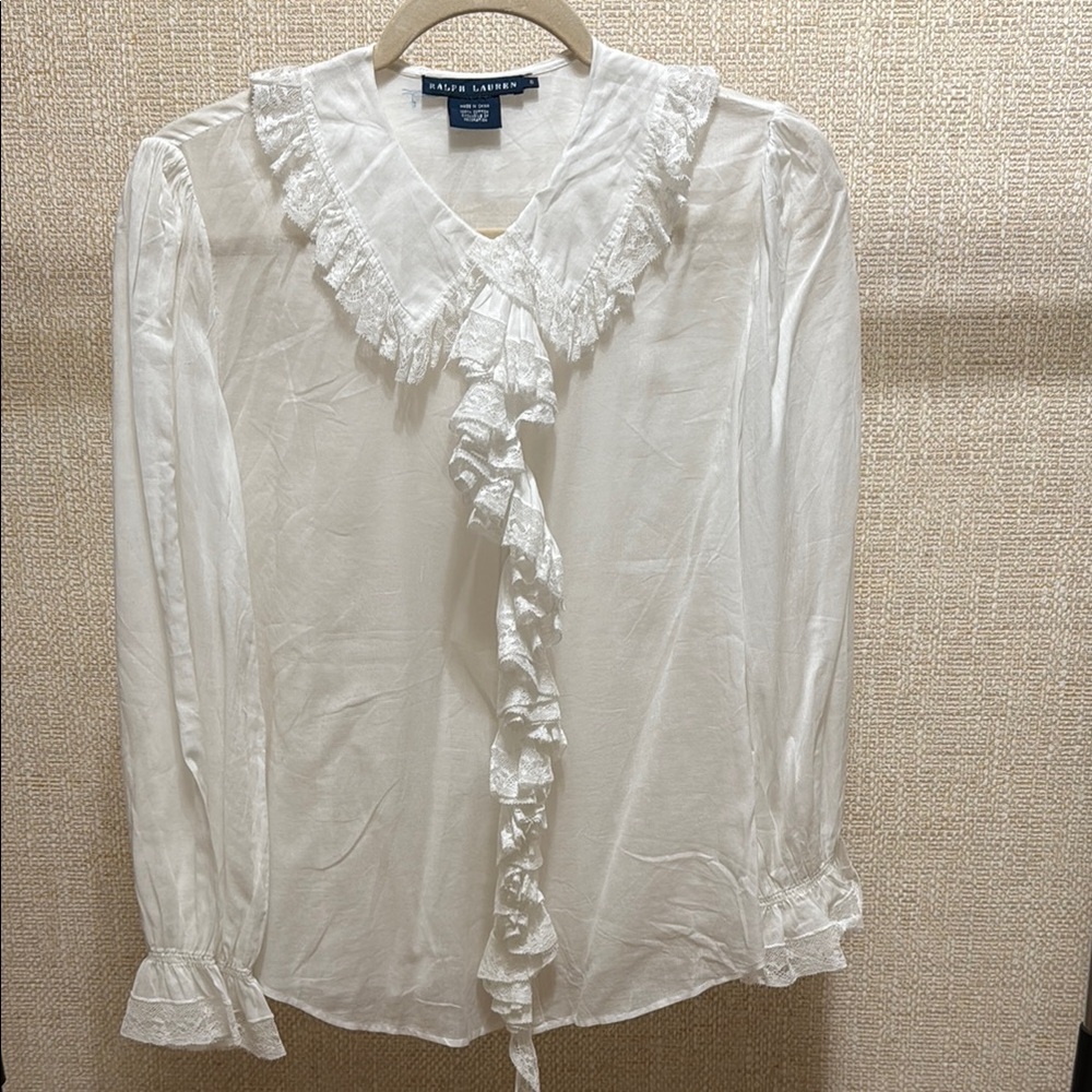 Ralph Lauren White Ruffled Tie Front Blouse